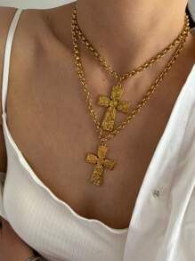 Monlansher Nuova collana da donna con pendente a croce, design in metallo in rilievo esagerato, realizzata in acciaio inossidabile, alla moda, versatile e adatta all'uso quotidiano, colore oro