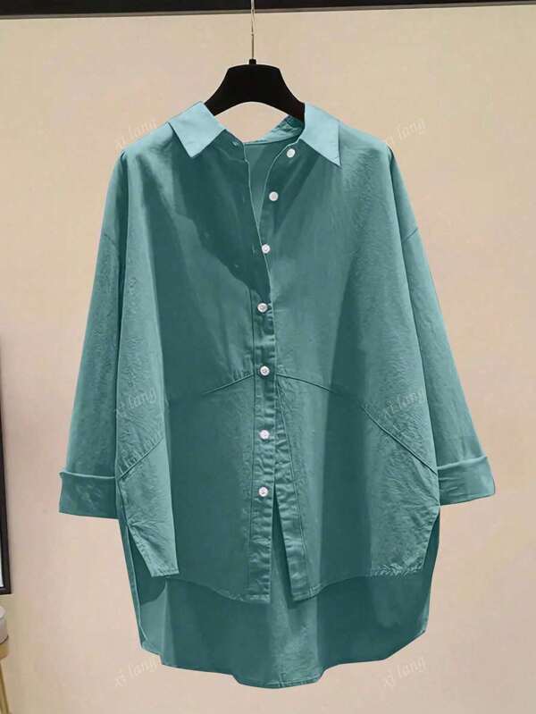 Camisa informal con botones de unicolor y estilo minimalista para mujer de talla grande