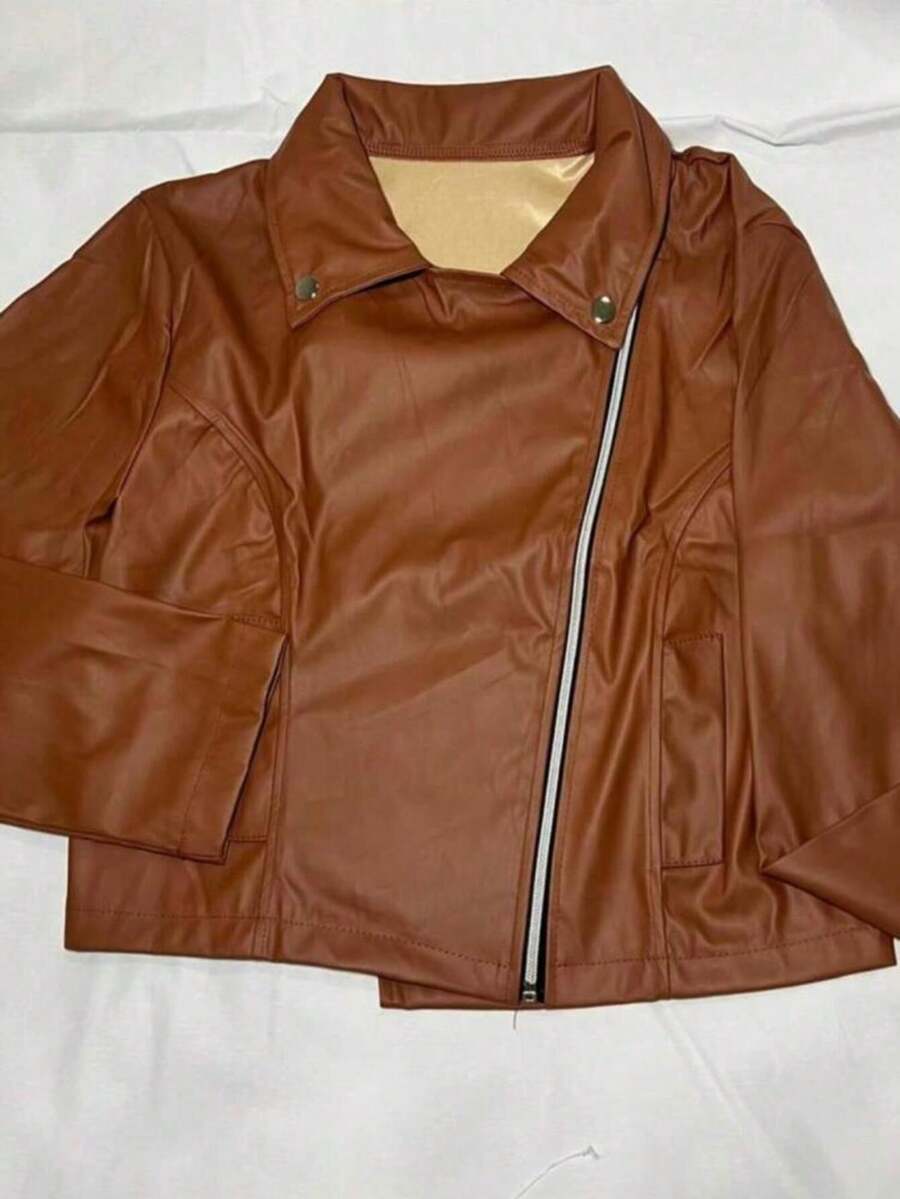 Women's Faux Leather Jacket Synthetic Leather Blouse With Zipper - Rust Brown - View 1