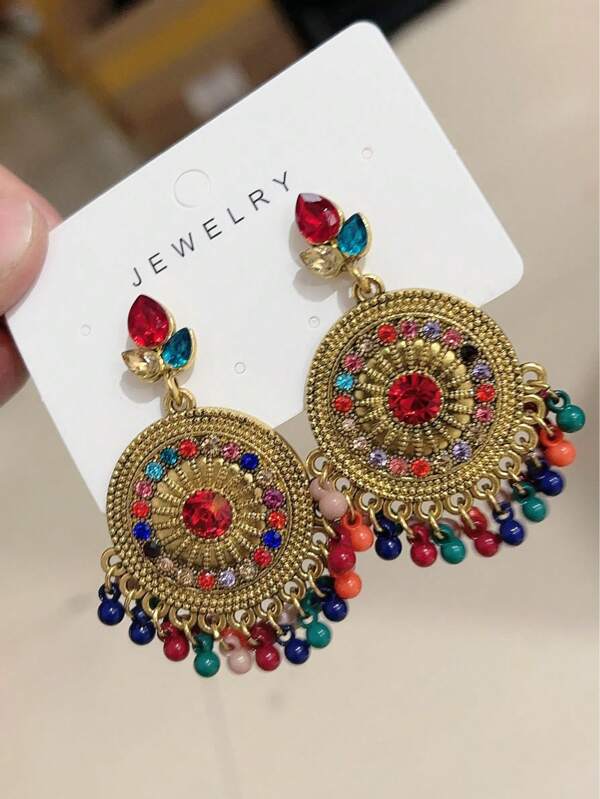 1 paire de boucles d'oreilles vintage mode bohème pendantes avec strass et perles, élégant pour le port quotidien