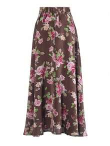 Élégante jupe longue imprimée en satin pour femme, jupe de soirée longue taille haute évasée avec taille élastique, en polyester, coupe ample, toutes saisons - Tabac - Voir 2