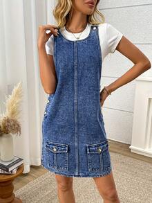 Retro Cotton Denim Pinafore Dress, Short Dress For Women Summer - Blue - View 4