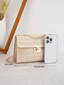 1pc Women's Summer Square Straw Bag, Fashionable Striped Woven Shoulder Bag With Chain, Lightweight And Casual Crossbody Square Straw Tote
