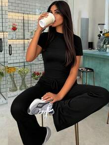 女士时尚露脐短袖上衣搭配系带喇叭裤运动套装，春秋季黑色夏季 - 黑色 - 查看 4