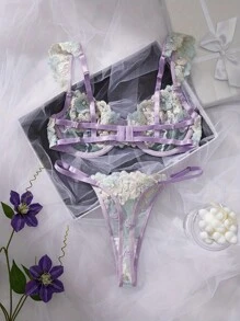 Women Sexy Lace Bra And Panty Set, Floral Embroidery Mesh Push Up Bra Lingerie Set
