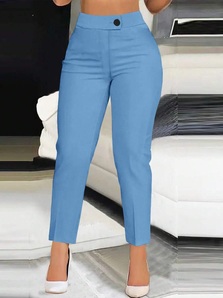 Women's Solid Color Slim Casual Pants For Commuting & Daily Wear Spring - Blue - View 1