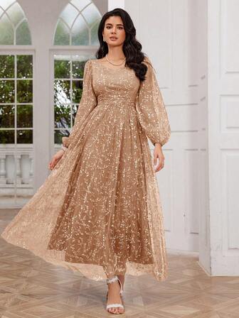 优雅长袖碎花长裙，心形领口（重型