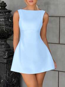 1pc Women's Fashionable Sexy Solid Color Backless Mini Dress - Baby Blue - View 1
