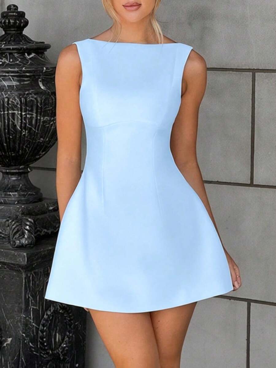 1pc Women's Fashionable Sexy Solid Color Backless Mini Dress - Baby Blue - View 1