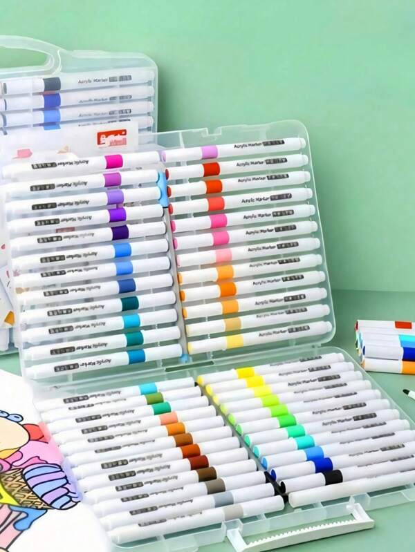 12/24/36/48 Piece Colorful Acrylic Paint Marker Pen Set In Round Case, Waterbased Pigment Brush Set For Painting, Sketching And Creating Beautiful Artwork, Suitable For Office, School, Painting, Student, Marker, Stationery, Boys, Girls, School Supplies