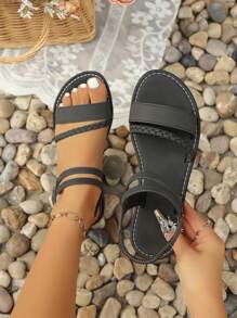 Sandalias planas tipo slip-on de estilo bohemio de verano, sandalias planas romanas versátiles de dedo abierto en marrón, caqui, negro, verde oliva