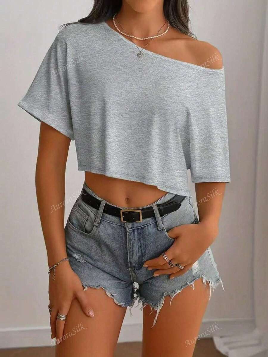 Crop top con spalle scoperte in misto poliestere per donna AuroraSilk, stile casual, lavabile in lavatrice, tinta unita, adatto per tutte le stagioni