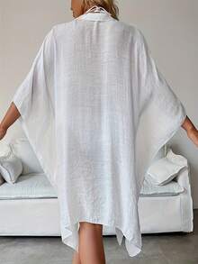 Áo sơ mi nữ mùa hè màu trắng tay lửng kiểu cánh dơi, áo kiểu trắng, áo sơ mi cài cúc đơn, áo khoác màu trơn, thoải mái, nhẹ và thoáng khí; áo sơ mi trắng dự tiệc, váy trắng, áo sơ mi trắng, áo nữ lễ Phục sinh, trang phục đi biển, kỳ nghỉ - trắng - Xem 2