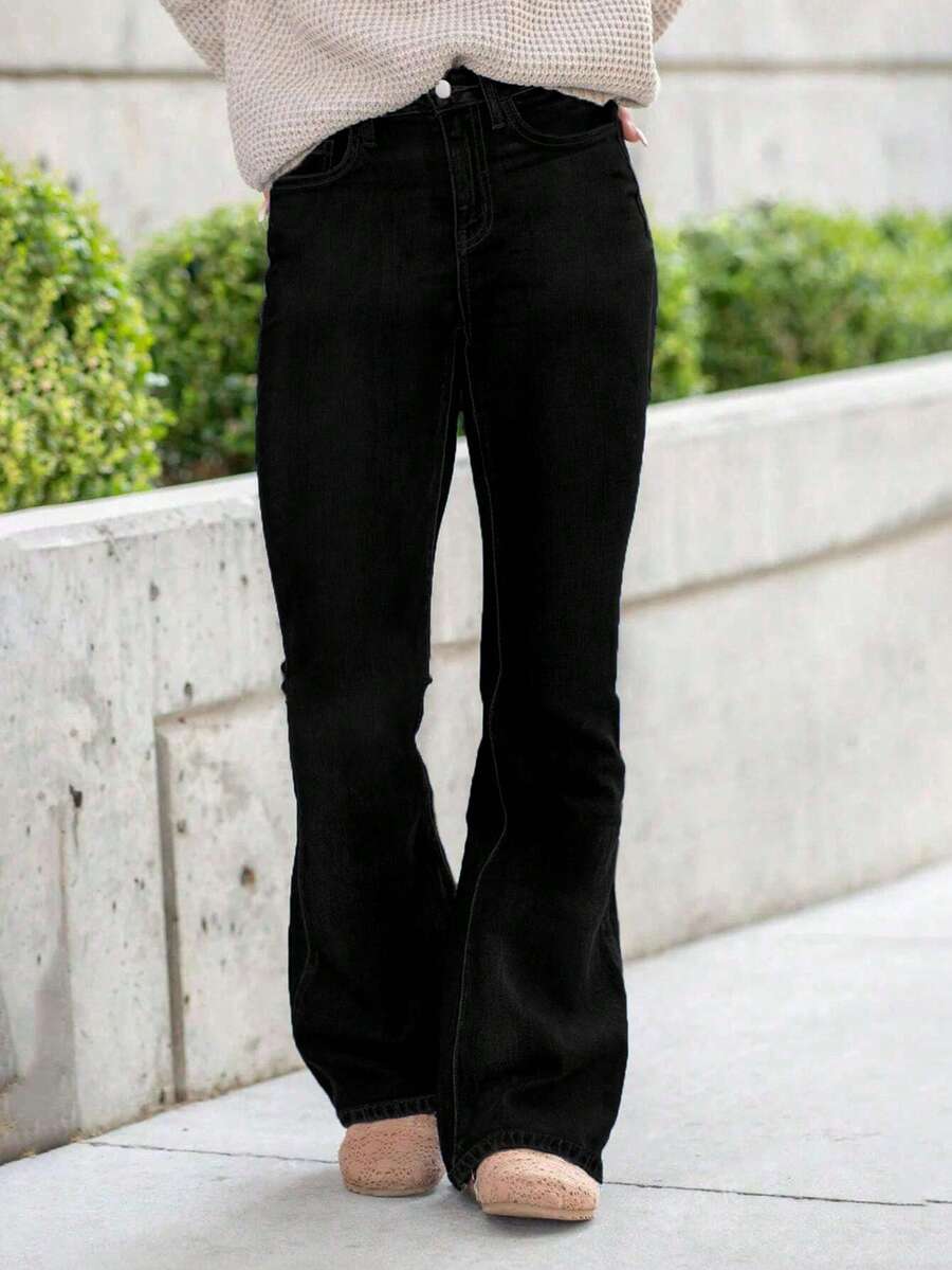 Women's Casual High Waist Skinny Stretch Flare Jeans With Pockets - Black - View 1