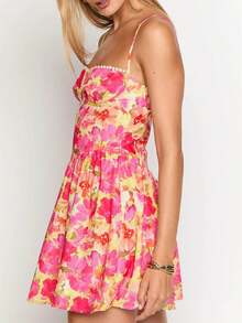 Women Boho Floral Cami Mini Dress Spaghetti Strap Printed A Line Short Dress Graffiti Cut Out Colorful Summer Dress - 粉色 - 查看 3