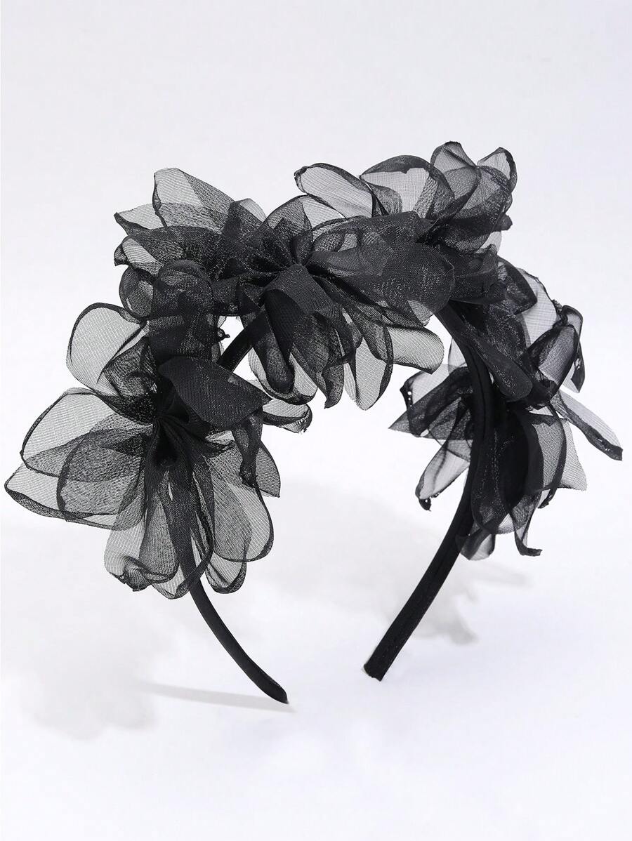 1 pièce Serre-tête en maille noire pour filles, Serre-tête fleur en maille noire, Bandeau élégant de couleur unie, Bandeau simple pour cheveux, Accessoire pour cheveux pour les filles, Mariage, Fête, Accessoire pour cheveux d'enfants