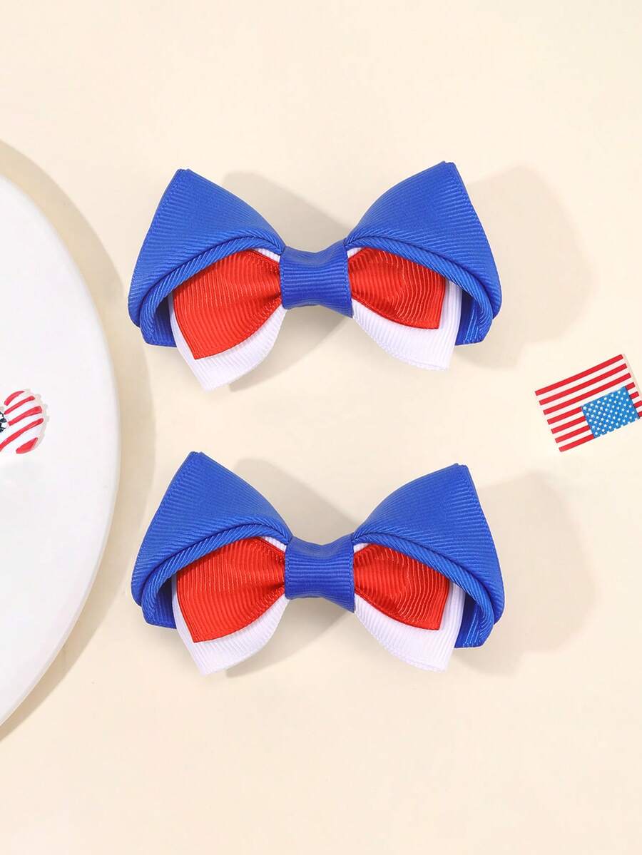 2pcs Forth Of July Hair Bow For Girls Adorable Cat Ear Shaped Bow Alligator Clips Red White Blue Hair Clips Patriotic Girls Bows Barrettes Independent Day Carnival Kids Hair Accessories - Multicolor - View 1