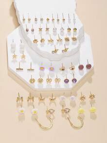 30pcs/Set Fashion Simple Cute Rhinestone Heart Flower Geometric Bow Design Metal & Resin Stud Earrings, Multi-Pieces Jewelry Set Suitable For Daily Wear - Multicolor - View 3