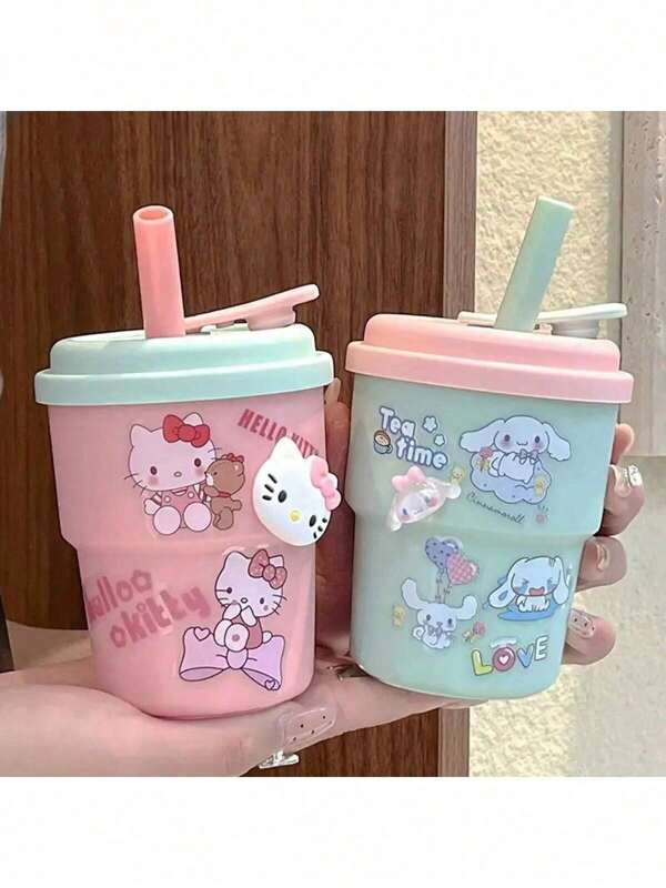 Sanrio 1PC A Cute Sanrio 420ml/14.2oz Water Cup With A Cute Sticker Straw, Suitable For Work, Reading, And Home Use. A Large Capacity Coffee Milk Cup Is The Perfect Birthday Gift