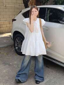 Petite White Embroidered Dress Casual Cute Mini Dress Overlay A-Line Cakes Skirt For Summer