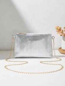 新款时尚百搭链条斜挎包，精致五金配件，舒适波浪纹路，拉链开合，使用方便 - 銀色 - 查看 5