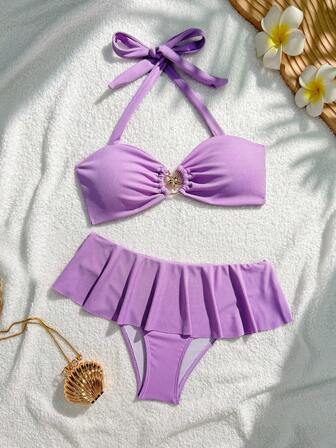 2025 New Women's Halter Tie 2 Pieces Swimwear, Flounce Skirt Style, Striped Sexy Fashion Swimwear