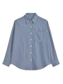 新品上市！女士蓝色格子衬衫休闲宽松长袖衬衫上衣，休闲设计 - 藍色 - 查看 5