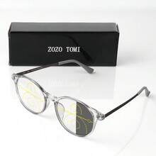 渐进多焦点变色老花镜，复古圆框，超轻 TR 镜框，舒适轻便，男女通用