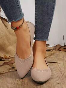 Women's Woven Bead Flat Shoes, Round Toe Casual Slip-On, Breathable Solid Color Spring Flats - Apricot - View 1