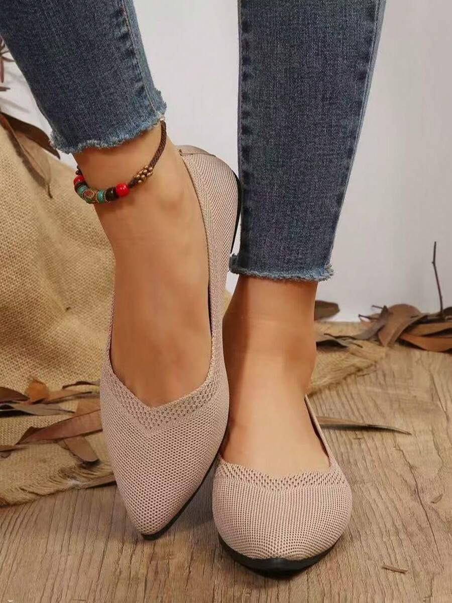 Women's Woven Bead Flat Shoes, Round Toe Casual Slip-On, Breathable Solid Color Spring Flats - Apricot - View 1