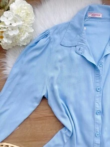 Women's Solid Button Down Shirt CasualSP035 - 淺藍色 - 查看 4