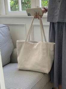 (Customized) Simple And Versatile Canvas Tote Bag With Your Name Embroidered, Large Capacity, Korean Style, Suitable For School, Travel, Outdoor Activities, As A Unique Gift For Graduation, Mother's Day, Or Special Occasions - White - View 5