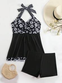 Plus Size Women Conservative V-Neck Drawstring Polka Dot Floral Print Swim Dress And Shorts Swimwear, For Summer Beach Vacation - Black - View 3