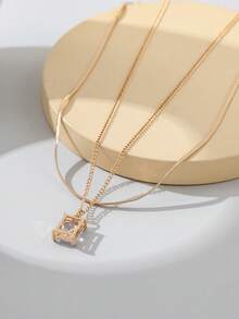 1pc Minimalist Chic Versatile Daily Wear Double Layer European & American Geometric Zirconia Snake Bone Chain Necklace With Metal Texture - Yellow Gold - View 4