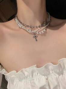 1 Set Of European & American Style Classic Versatile Fashionable Niche Exquisite Pearl Beaded Necklace, Multi-Layer Wear For Men & Women, Sweater Chain, Heavy Choker Necklace,