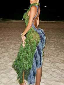 Women's Vacation Fitted Fringe Halter Neck Sleeveless Dress - màu xanh lá - Xem 5