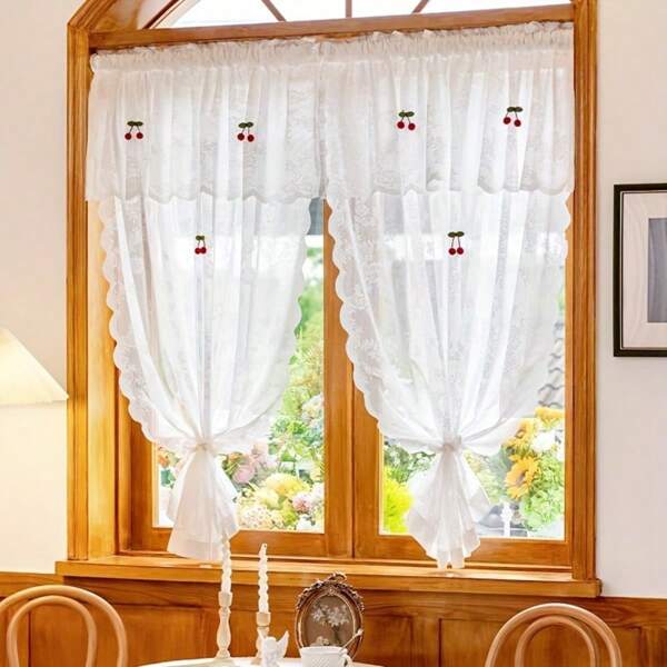 1 Cortina de janela, Cortina de gaze, Cortina pequena para janelas, Cortina decorativa removível com filtro de luz, Material de renda moderno, Com acessórios de cerejeira fofos, Leve, elegante e fofo, Pode bloquear a luz do sol, Embelezar o layout, Não há necessidade de fazer furos, Adequado para sala de jantar, cozinha, armários, banheiro, quarto, trailer