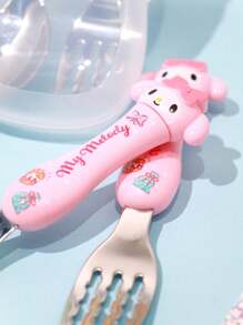 Sanrio 2 pezzi Set di posate Sanrio Hello Kitty, Kuromi, My Melody, Cinnamoroll, in acciaio inossidabile 304, con bacchette, cucchiaio e forchetta a tema cartone animato, set di stoviglie portatile con scatola di immagazzinaggio, articoli scolastici