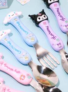 Sanrio 2 pezzi Set di posate Sanrio Hello Kitty, Kuromi, My Melody, Cinnamoroll, in acciaio inossidabile 304, con bacchette, cucchiaio e forchetta a tema cartone animato, set di stoviglie portatile con scatola di immagazzinaggio, articoli scolastici