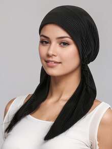 1 件女士新款弹性透气舒适褶皱头巾宽松围脖帽，优雅精致的日常穿着，化疗帽 - 壓皺款長尾帽 - 查看 9