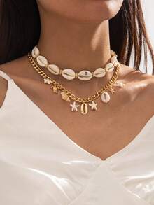 2pcs Set Bohemian Ocean Theme Shell, Starfish, Conch, Turtle, Evil Eye Pendant Necklace Set, Suitable For Beach Party, Gift For Friends (Shell, Starfish, Conch, Turtle Production Batches Vary Slightly In Size, Quantity, Color) - Multicolor - View 3