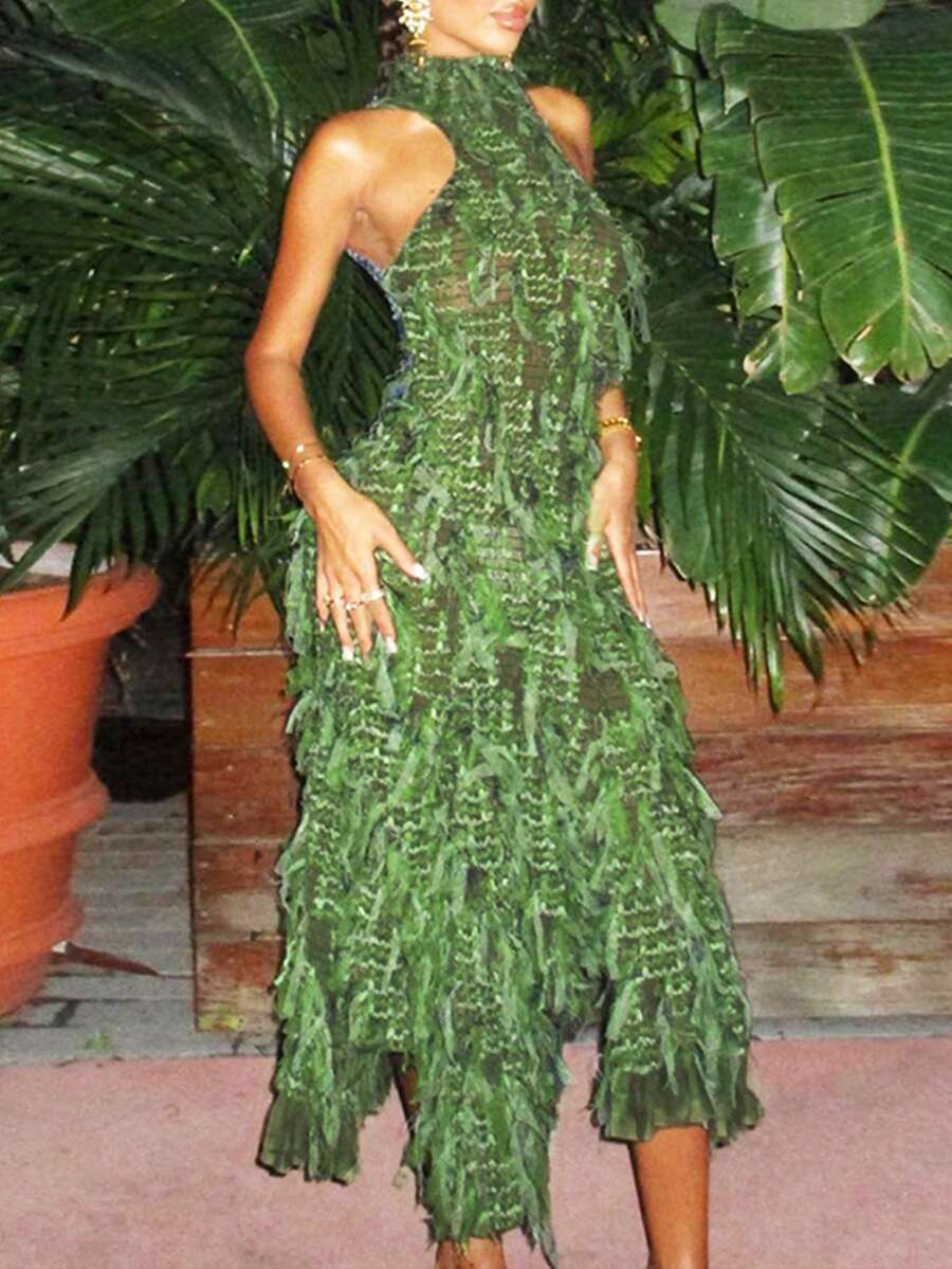 Women's Vacation Fitted Fringe Halter Neck Sleeveless Dress - màu xanh lá - Xem 1