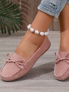 Zapatos planos tipo slip-on para mujer, diseño bohemio con moño, mocasines de moda, para todas las estaciones - Rosa Pálido - Ver 2