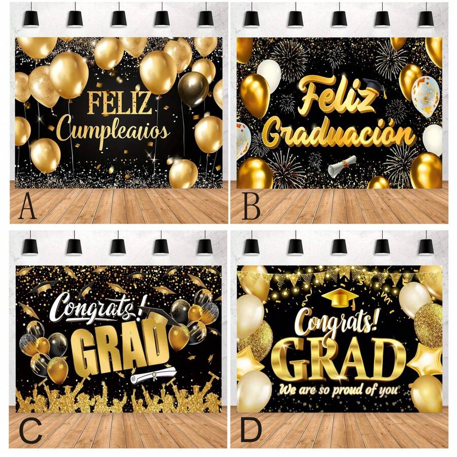 Happy Graduation We're Proud Of You Black And Gold Balloon Photography Background Fabric Gold Glitter Salute Fireworks Design For Graduation Prom Party Cake Table Decoration Banner Vinyl Flag Party Gift Home Decors Tapestry Room Decor Birthday Decorations Party Decorations - Multicolor - View 1