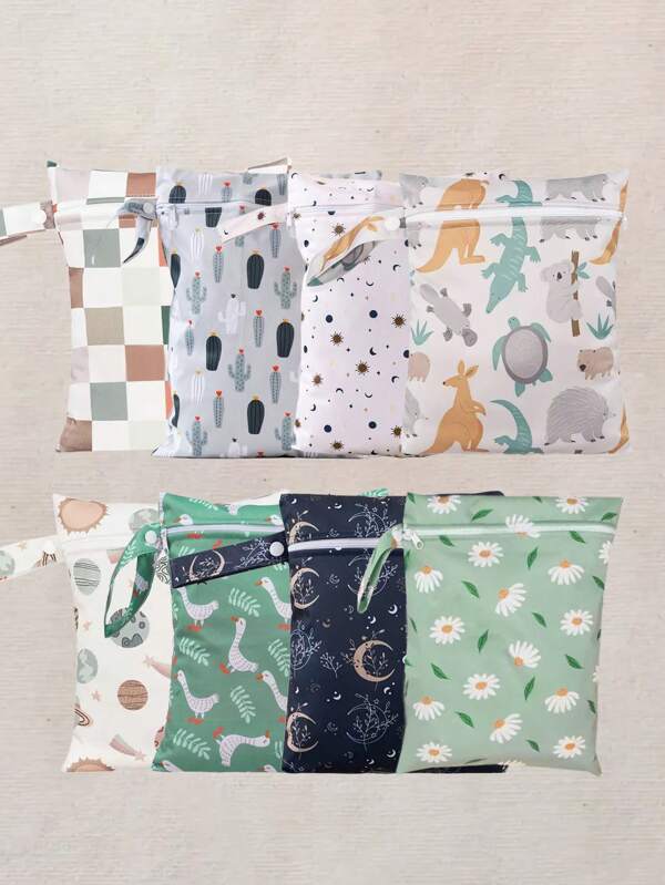 3pcs Cartoon Printed Baby Diaper Wet/Dry Bags, Baby Bath Organizer, Household Gift