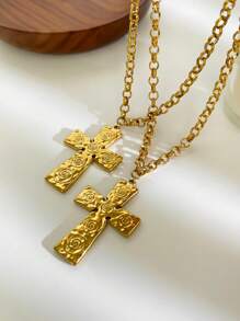 Monlansher Nuova collana da donna con pendente a croce, design in metallo in rilievo esagerato, realizzata in acciaio inossidabile, alla moda, versatile e adatta all'uso quotidiano, colore oro