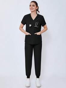 (Four-Piece Set) Scrubs Uniform Women's Running Matte Elastic Sports Nurse  Uniform Wash Clothes Work Clothes Breathable Scrub Shirt - 淡紫色 - 查看 6