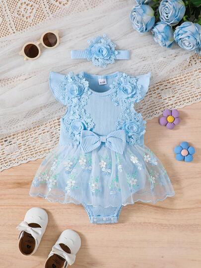 Bộ 2 món trang phục thanh lịch phong cách Pháp cho bé gái sơ sinh: Áo liền quần cotton sọc xanh + Chân váy tutu lưới thêu, Băng đô có nơ và hoa, Phù hợp cho bé từ 0-18 tháng tuổi, Trang phục mùa hè, Quà tặng chụp ảnh/tặng tiệc chào đón em bé