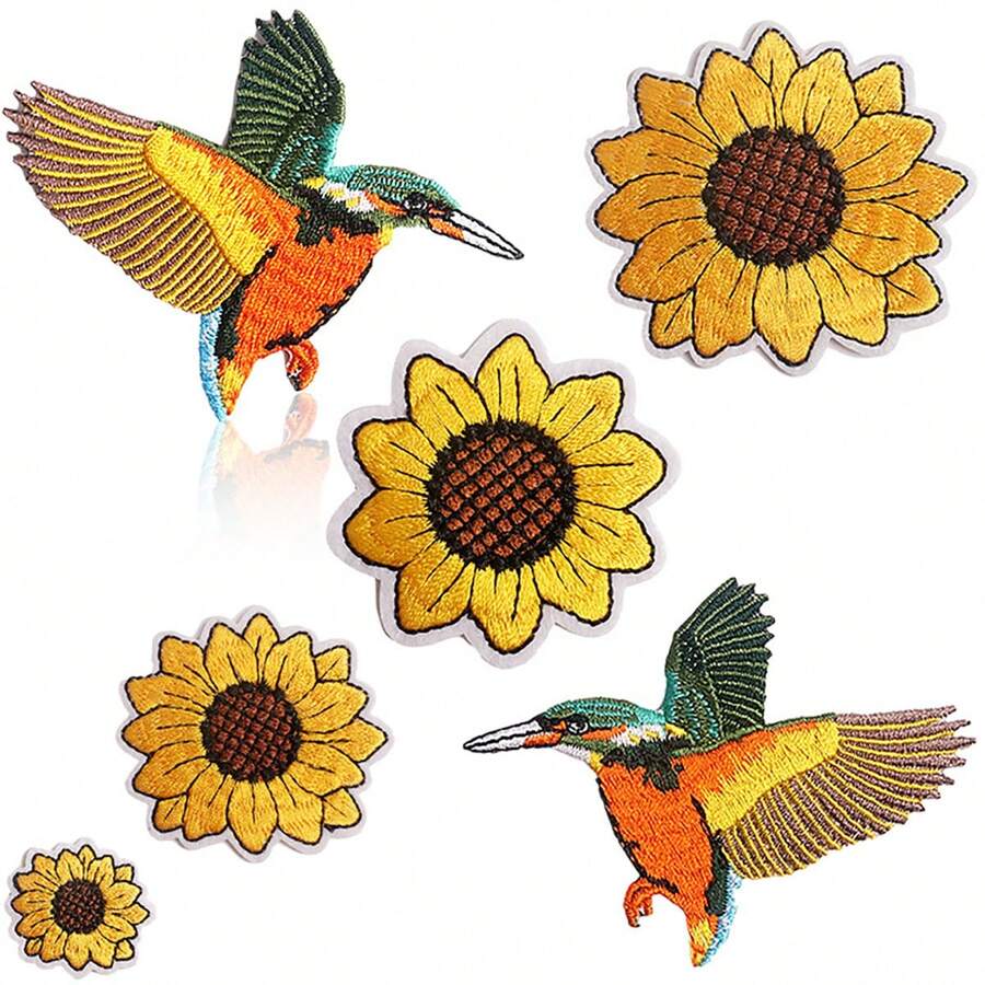 Parche de tela bordado de martín pescador, parche bordado de girasol estilo dibujo animado, etiqueta de bordado de pájaros para planchar - Multicolor - Ver 1