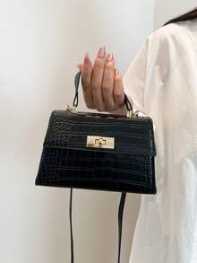 时尚迷你金属鳄鱼纹斜挎包和手提包，配有翻盖锁扣 - 黑色 - 查看 4